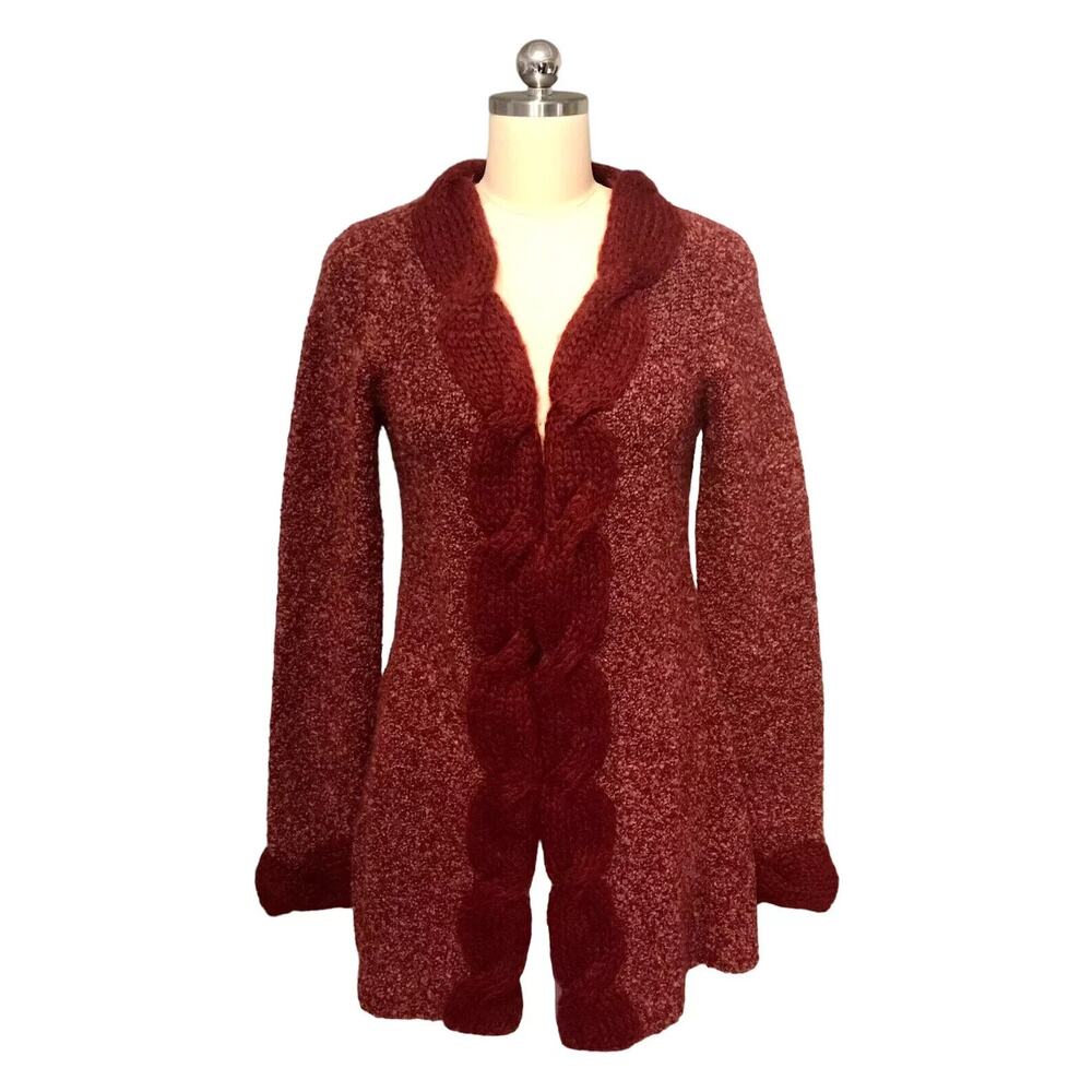 Anthropologie Sleeping on Snow Wool Blend Red Chunky Knit Cardigan Sweater Sz M